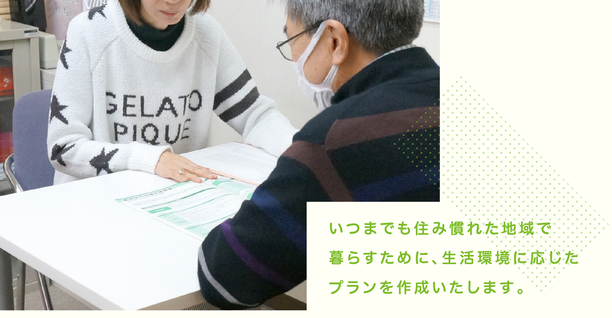 いつまでも住み慣れた地域で暮らすために、生活環境に応じたプランを作成いたします。